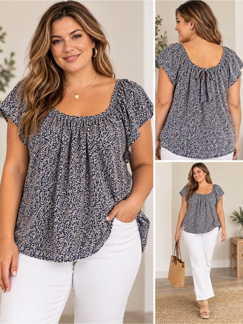 LC Lauren Conrad Blouse 0X 14W Navy Cream Floral Peasant Square Neck Flutter